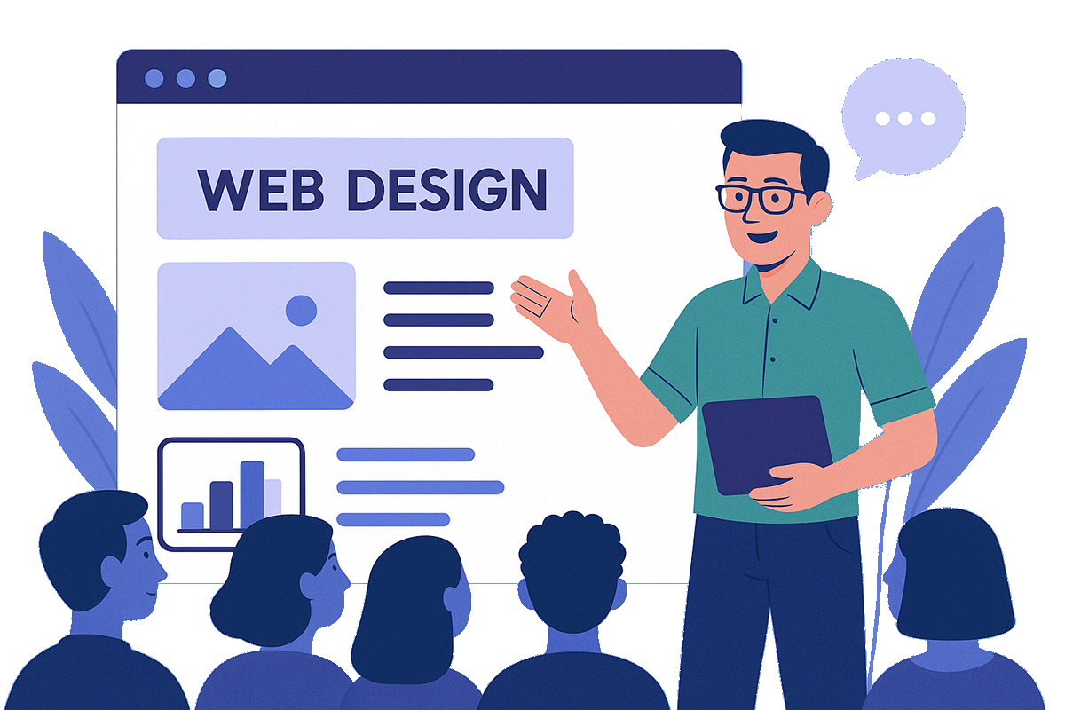 Illustration en flat design montrant un écran d’ordinateur avec une maquette de site web moderne, des éléments graphiques colorés et des icônes de navigation sur fond clair