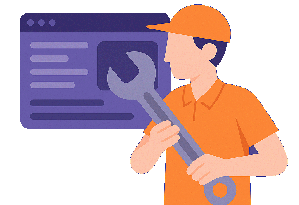 Personnage en train de réparer un site web sur ordinateur, avec des outils numériques flottants et des icônes techniques, sur fond transparent