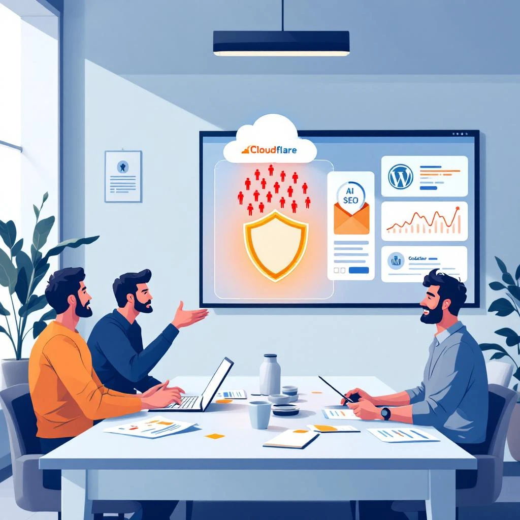 Image mise en avant pour l'article : Bloquer les bots d'IA sur WordPress avec Cloudflare & GoDaddy — guide SEO‑safe