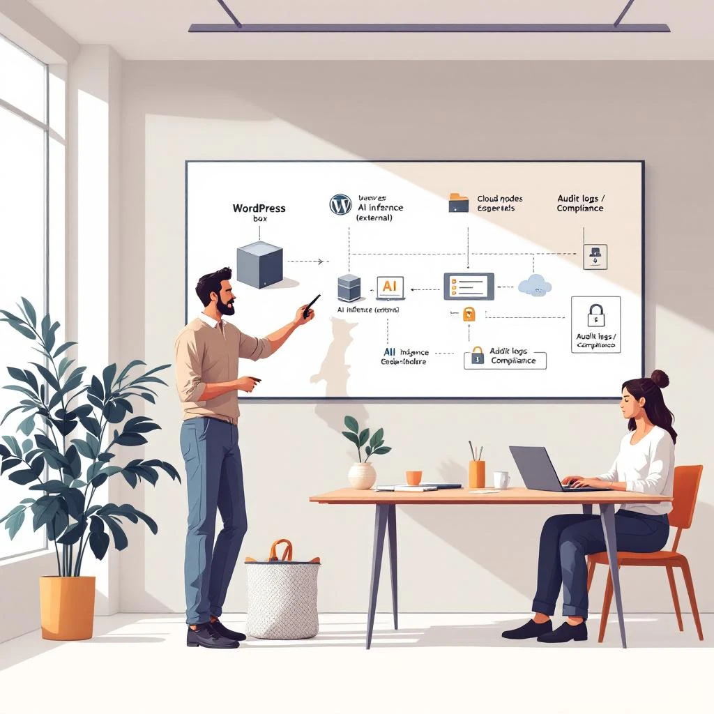 Image mise en avant pour l'article : Shadow‑architecture WordPress : externaliser l'IA en pratique